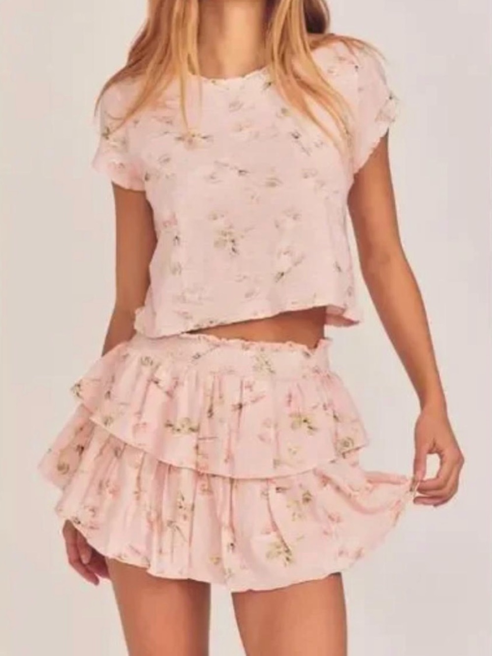 LoveShackFancy Soft Pink Floral Ruffled Tiered Mini Skirt